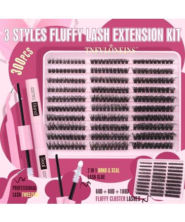Fluffy Lash Extension Kit - 60D 80D 100D Lash Clusters | 300PCS Individual Eyelashes with Bond Seal & Tweezers - TNFVLONEINS - Buy Online on GoSupps.com