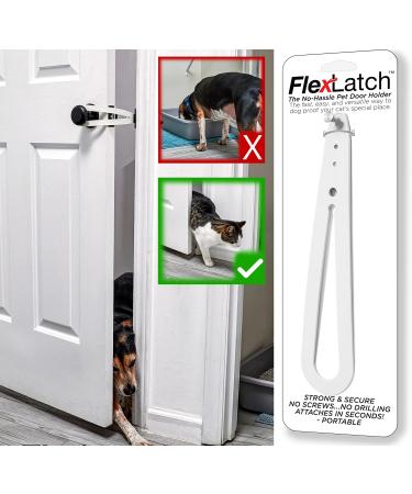 FlexLatch Cat Door Holder Latch - Bright White Cat Door Alternative Installs Fast Flex Latch Strap Let's Cats in and Keeps Dogs Out of Litter & Food. Safe Baby Proof One Piece No Measuring Extra Easy