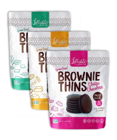 Lillabee Brownie Thins Variety Pack, Paleo Friendly, Gluten Free, Carb Smart, Healthy Snacks, High Protein, Crunchy Cookies , Grain, Soy and Dairy Free, 4oz bag (3 Pack) Brownie  3 Count (Pack of 1)