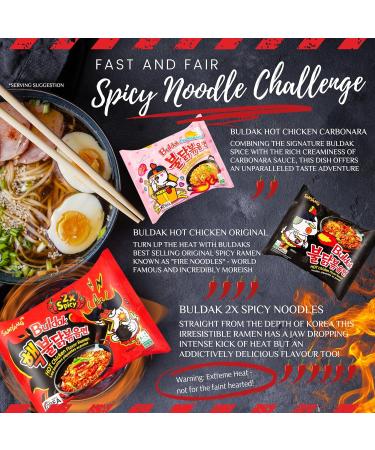 Ultimate Spicy Noodle Challenge Pack Samyang Buldak Variety Bundle with 2x Carbonara 2x Original Hot Chicken and 2x Nuclear Fire Double Spicy Noodles Korean Fire Noodle Challenge Kit - Buy Online on GoSupps.com