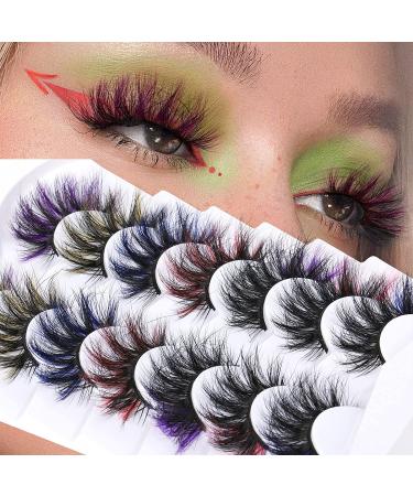Goddvenus 5D Fluffy Colored Mink Lashes 7 Pairs Pack - Rainbow Cat Eye False Eyelashes in Pink, Blue, Purple, Yellow | Dramatic Colorful Eyelashes - Buy Online on GoSupps.com