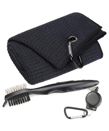 Mile High Life Microfiber Waffle Pattern Tri-fold Golf Towel | Brush Tool Kit with Club Groove Cleaner, Retractable Extension Cord and Clip 1 Black Towel+1 Black Brush