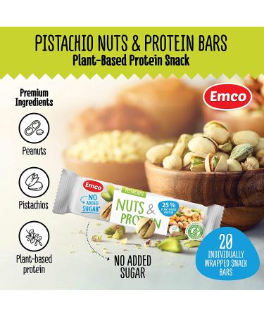 Pistachio Nuts & Protein Bars by Emco - Keto, Gluten-Free, Vegan & Kosher | Plant-Based Snack | 20 Individually Wrapped Bars - Buy Online on GoSupps.com