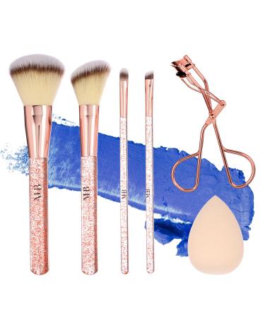 Expressions 6pc Makeup Brush w/Eyelash Curler and Makeup Sponge Beauty Blender | Premium Cosmetic Brushes for Contouring and Highlighting ROSE GOLD