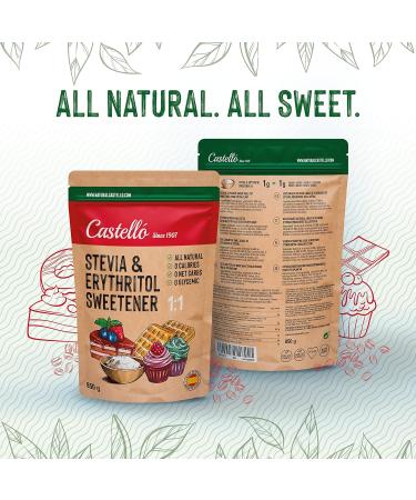 Stevia + Erythritol 1:1 Sweetener | 100% Natural Sugar Replacement - 0 Calories Keto & Paleo Friendly - Castello Since 1907 - 850g - Buy Online on GoSupps.com