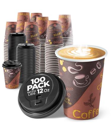 Disposable Coffee Cups with Lids 12 oz (100 Pack) - To Go Paper Coffee Cups for Hot & Cold Beverages, Coffee, Tea, Hot Chocolate, Water, Juice - Eco Friendly Cups 100 Count (Pack of 1) 12oz Design - With Lids