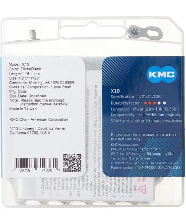 KMC X10-116L 10 Speed Bicycle Chain Silver - Durable NP/BK Design - Buy Online on GoSupps.com