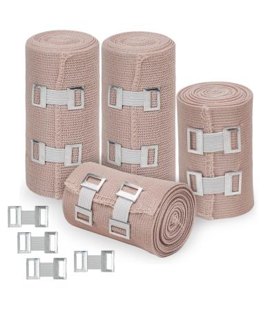 D&H Medical Elastic Bandage Wrap 4 Pack Premium Compression Bandage Rolls + 4 Extra Clips | 2 Rolls of Each Size (4 Inch x 5 Feet & 3 Inch x 5 Feet) Elastic Bandage for Wrist Calf Ankle & Foot 4 Piece Set
