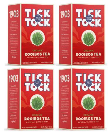 TICK TOCK TEAS Organic Rooibos Tea, Original, Naturally Caffeine Free Red Bush Herbal Tea, Rich in Anti-Oxidants, South African, Superfood, , 40 Count, Pack of 4 40 Count (Pack of 4)