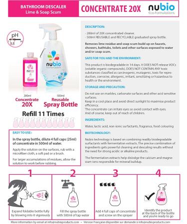 Nubio - Eco-Friendly Bathroom Descaler 20X concentrate makes 5.6L (at $2.14/500ml) Ecological REUSE Spray Bottle 11 times! Cleans Lime Scale & Soap Scum Residue on Faucets Shower Heads Bathtubs Toilets - Made in Canada - Buy Online on GoSupps.com