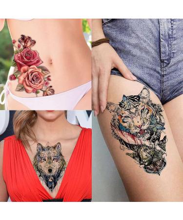 VANTATY 54 Sheets Large Watercolor Temporary Tattoos - Tribal Wolf Lion Tiger Owl Flower Designs for Men and Women - Long Lasting Fake Tattoos for Thigh, Arm, and Chest - Buy Online on GoSupps.com