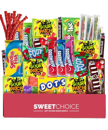 Bite Sized Candy Gift box Care Package - (50 count) A Sampler of Skittles, Sour Patch Kids, Starburst, , Twizzlers, Airheads, and More! Great for Movie Night Sleepovers and Goodie Bags!