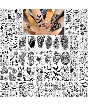 Shegazzi 52 Sheets Halloween Temporary Tattoos For Kids Boys Girls Women Men, 3D Scary Skull Skeleton Fake Tattoos Sticker For Adults, Small Ghost Vampire Bat Pumpkin Spider Temp Transfer Tatoos Devil