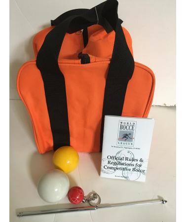 Unique Bocce Ball Accessories Package - Extra Heavy Duty Nylon Bocce Bag (Orange with Black Handles), Yellow and White pallinas, Extendable Measuring Device, Rule Book and Keychain