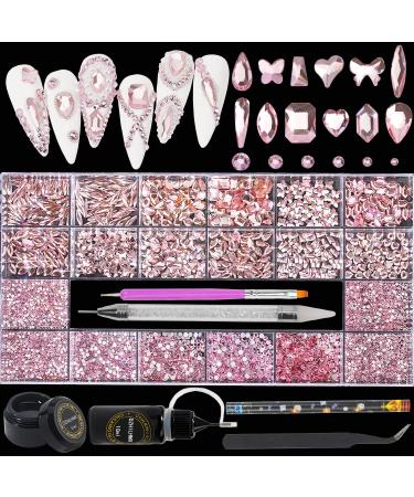 4300Pcs Crystal Nail Rhinestones Kit  Baby Pink Crystal Glass AB Rhinestone Stone and Multi Shape Beads Flatback Glass Gems Stones with Nail Glue and Gel  pen brush tweezers and pickup brush for natural acrylic nails Lig...
