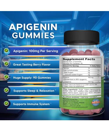 Apigenin 100mg with L-Theanine 100mg Gummies - Apigenin Supplement for Sleep - Natural Extract Gummy Alternative to Capsules Pills Powder & Tea - 2 Per Serving 90 Count (Pack of 1) - Buy Online on GoSupps.com