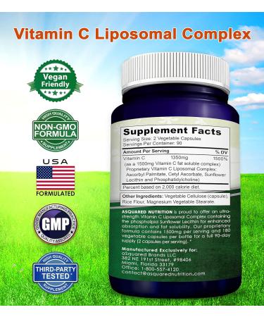 ASquared Nutrition Vitamin C Liposomal Complex 1500mg - 180 Capsules for Immune Support & Collagen Health - High Absorption Ascorbic Acid Supplement - Buy Online on GoSupps.com