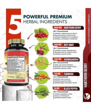 Hawthorn Berry Supplement Extract Capsules 12800mg - 4 Month Supply with Beet Root, Ashwagandha, Turmeric, Curcumin & Black Pepper - Digestion & Heart Health Support - Buy Online on GoSupps.com