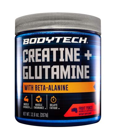 BodyTeach Creatine and Glutamine with Beta Alanine Fruit Punch Supports Muscle Growth, Recovery and Immune Health (12.6 Ounce Powder) Fruit Punch 12.6 Ounce (Pack of 1)