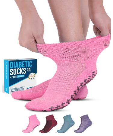 Doctor's Select Diabetic Ankle Socks with Grippers for Men and Women - 4 Pair 1/4 Length Neuropathy Socks for Women Pink  Green  Red  Purple Medium