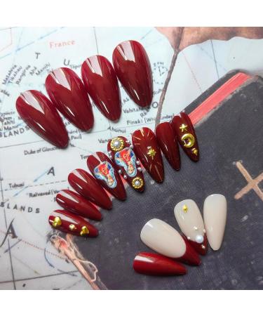 Shop Medium Press on Nails - Almond Acrylic Nails with Gold Burgundy French Tips & 3D Charms - Perfect Glue on Nails for Women - Buy Online on GoSupps.com