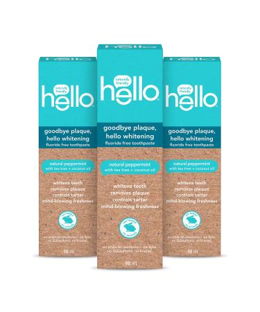 Hello Goodbye Plaque-Hello Whitening Toothpaste Fluoride Free Vegan & Sls Free Natural Peppermint with Tea Tree & Coconut Oil 98ml Pack of 3 Amazon Exclusive Peppermint 32.67 g (Pack of 3)