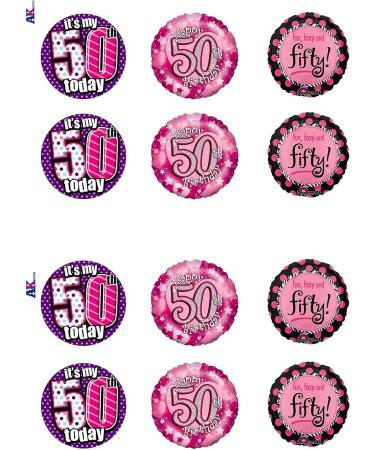 Fun Ladies Pink 50th Birthday Mix 12 Cup Cake Toppers Edible Stand Up Decorations - Buy Online on GoSupps.com