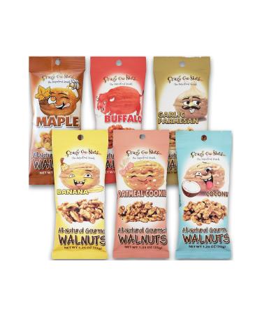 Crazy Go Nuts Walnuts Sampler 6-Pack - Banana, Buffalo, Coconut, Garlic Parmesan, Maple, and Oatmeal Cookie - Healthy Snacks, Gluten Free, Superfood, Natural, Omega 3 Fatty Acids, and Antioxidants Variety