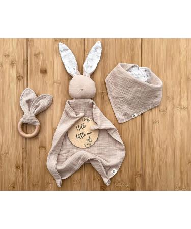 Mikito Organic Cotton Newborn Gifts Box - Unisex Baby Gift Set with Muslin Lovey, Bandana Bib, Teether, Birth Announcement Sign - Beige - Buy Online on GoSupps.com