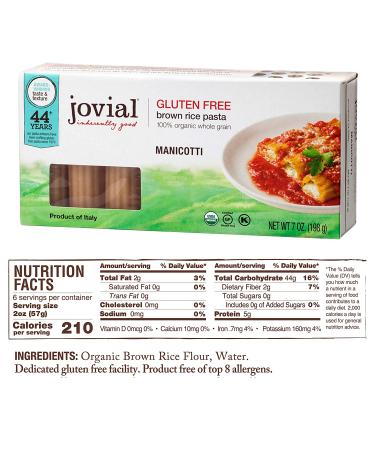 Jovial Gluten-Free Whole Grain Brown Rice Manicotti Pasta - Non-GMO, Lower Carb, Kosher, Organic - 7 oz (3 Pack) - Made in Italy - Buy Online on GoSupps.com