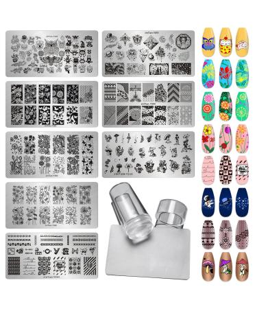 LoveOurHome 8pc Nail Art Stamping Kit Heart Butterfly Plain Nail Stamps Plate Template Stencil with Silicone Stampers Scraper French Manicure Design Supplies Style E