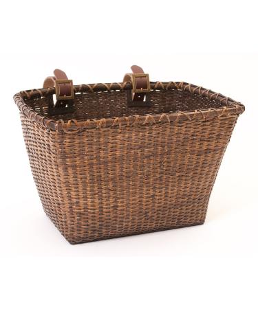 Retrospec Bicycles Cane Woven Rectangular Toto Basket with Authentic Leather Straps and Brass Buckles Dark Stain