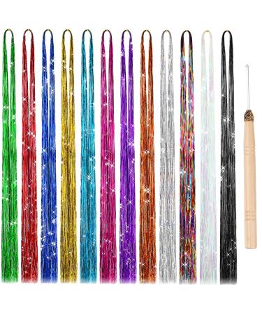 47 Inches Hair Extensions 12 Colors 2400 Strands Holographic Glitter Fairy Hair Tinsel Kit for Women Girls Hair Accessories for Hair Sparkles Halloween Christmas New Year Cosplay Party Multi 12 colors-2