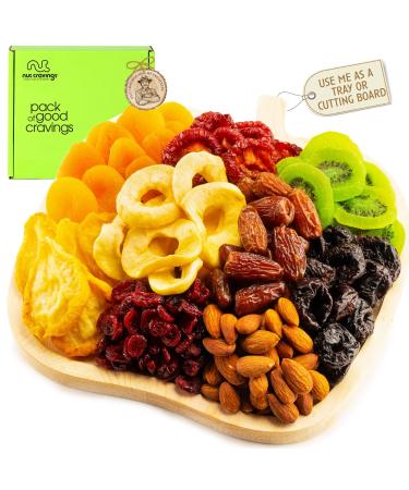Dried Fruit & Nuts Gift Basket in Reusable Wooden Apple Tray + Green Ribbon (9 Assortments) Holiday Christmas Gourmet Bouquet Arrangement Platter, Birthday Care Package, Healthy Food Kosher Snack Box