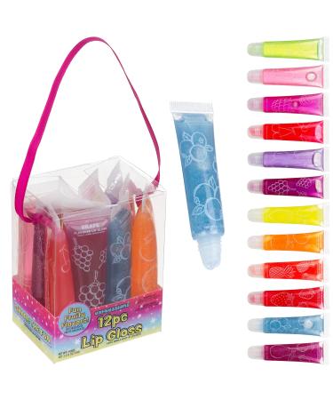 EXPRESSIONS 12pc Flavored Lip Gloss Set  Glitter Lip Gloss Tubes in a Gift-Ready Box with a Pink Ribbon Handle  Fruit Flavored for Kids  Safe  Non Toxic Kids Makeup Set