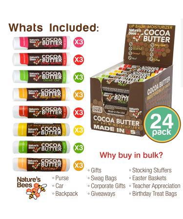 Nature's Bees Cocoa Butter Lip Balm Set - 24 Count, 8 Flavors, Bulk Assortment for Very Dry Lips - Moisturizing Chap Treatment, Natural Ingredients - Buy Online on GoSupps.com