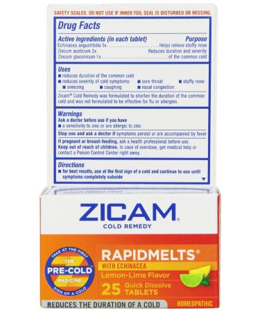 Zicam Cold Remedy RapidMelts with Echinacea Lemon-Lime Flavor Quick-Dissolve Tablets 25 Count Homeopathic Cold Remedy Clinically Proven to Shorten Colds When Taken at The First Sign of Symptoms