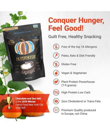 Dark Chocolate & Sea Salt Pumpkin Seeds | Premium Select Line by Superseedz | Vegan, Keto, Whole 30 | 7g Plant Based Protein | Nut & Gluten Free | Made in USA | 4oz x 6 Pack - Buy Online on GoSupps.com