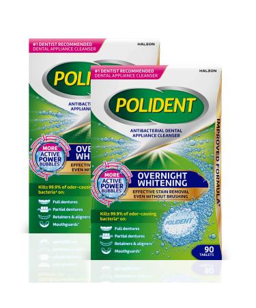 Polident Overnight Whitening Antibacterial Dental Appliance Cleanser Tablets, 90 Count (2 Pack)