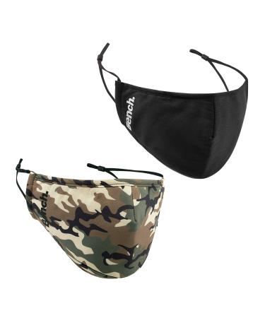 Bench. - 2 Pack Fabric Masks Breathable Adjustable with Dust Filter Pocket 3 Layer Protection in Black & Camo Print 2 mask Set 1 count (Pack of 2) Black & Camo Print