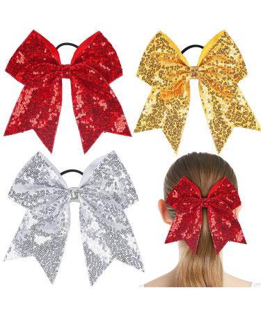 Glitter Sequin Cheer Bow Elastic Hair Ties Girls 8 Christmas Sparkly Red Gold Silver Ponytail Holder Band Cheerleader Decor Accessories for Women Teens Birthday Sports Party Favor Gift