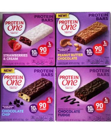 Protein One Protein Bars Variety - Chocolate Fudge, Chocolate Chip, Strawberries and Cream, and Peanut Butter Chocolate, 4 Pack