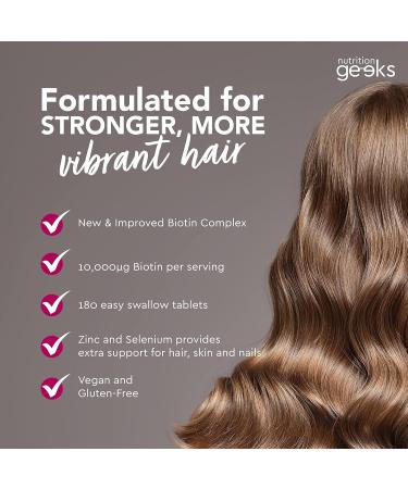 Nutrition Geeks Biotin Hair Growth Supplement - 180 Tablets with Zinc & Selenium - Vegan Hair Vitamins for Women & Men UK - Buy Online on GoSupps.com