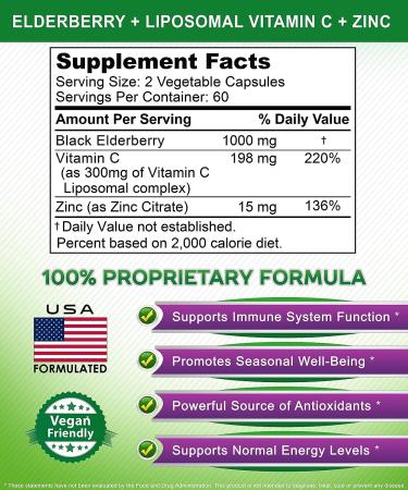 Black Elderberry Capsules with Vitamin C & Zinc - 1000mg Sambucus Nigra & Liposomal VIT C - Immune Support Booster - 120 Veggie Caps - Buy Online on GoSupps.com