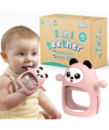 Teethers for Babies 0-6 Months - Panda Never Drop Teething Mittens - Nipple Like Baby Teether & Infant Toy - Teething Toys for Babies 6-12 Months Motor Skill  Gum & Teeth Development (Pink)