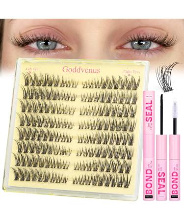 Goddvenus Individual Eyelashes Kit Natural Cluster Lashes Kit Wispy Eyelash Clusters Kit DIY Eyelashes Individuals Cat Eye Lash Extensions with Lash Bond and Seal Waterproof (0.02mm Thickness) G-wispy lash cluster 8 pairs