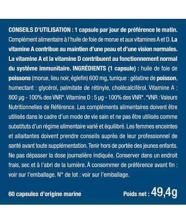 Cod Liver Oil - 600 mg - 100% Vitamins A and D Needs - Immunity - Skin Health - Bone Capital - Premium Quality - 60 Capsules - Nutrimea - Made in France - Buy Online on GoSupps.com