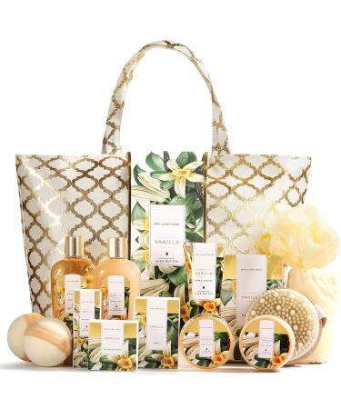 Spa Luxetique Gift Baskets for Women, Vanilla Scent Spa Gift for Women, 15 Pcs Self Care Gifts Including Bubble Bath, Massage Oil, Bath Salt, Bath Bombs and Luxury Tote Bag, Birthday Gifts for Women
