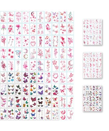 YUNAI 90 Sheets Temporary Tattoos for Women Girls  Pink 3D Flowers Roses Butterflies and Multi-Colored Mixed Style Temp Tattoo Stickers Body Art on Finger Neck Arm  Realistic Watercolor Floral Fake Tattoos 5