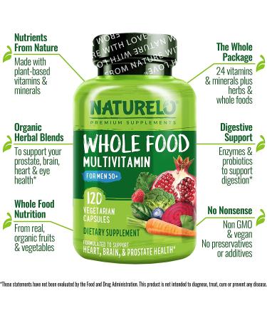 NATURELO Whole Food Multivitamin for Men 50+ | 120 Vegetarian Capsules - Natural Health Support - Buy Online on GoSupps.com